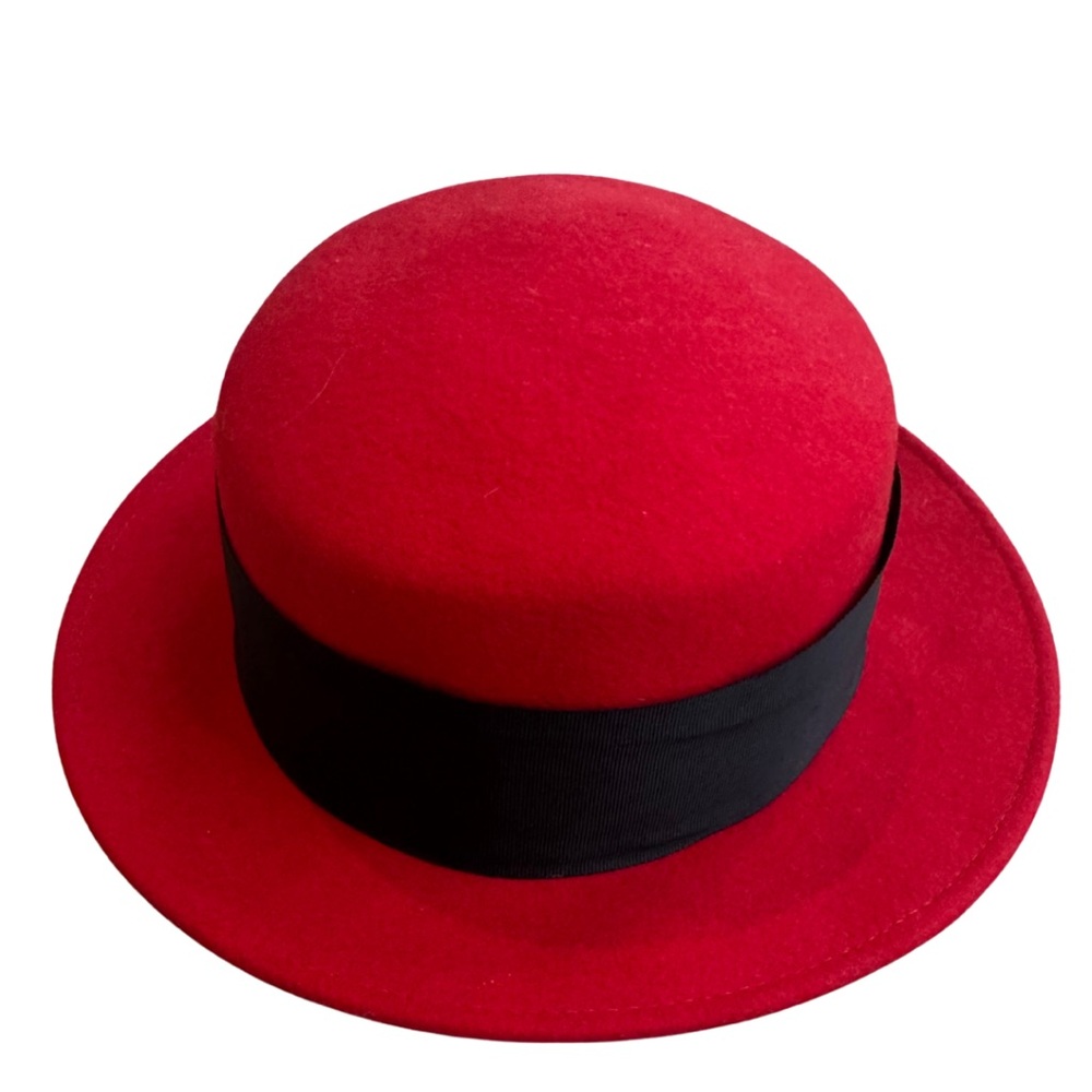 Madcaps Red Wool Felt Bowler Hat with Black Grosgrain Band EUC Elegant